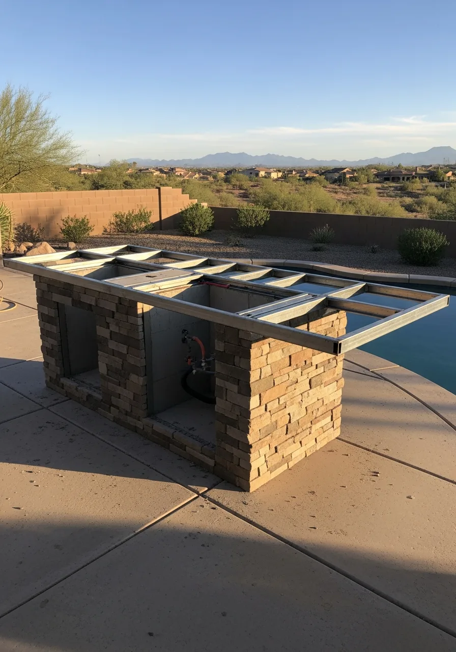 Stacked stone outdoor kitchen island with steel framing under construction beside a backyard pool.