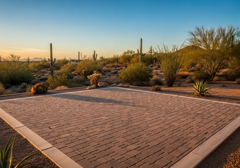 Modern brick paver patio with stone borders surrounded by saguaro cacti and desert plants under a sunset sky.