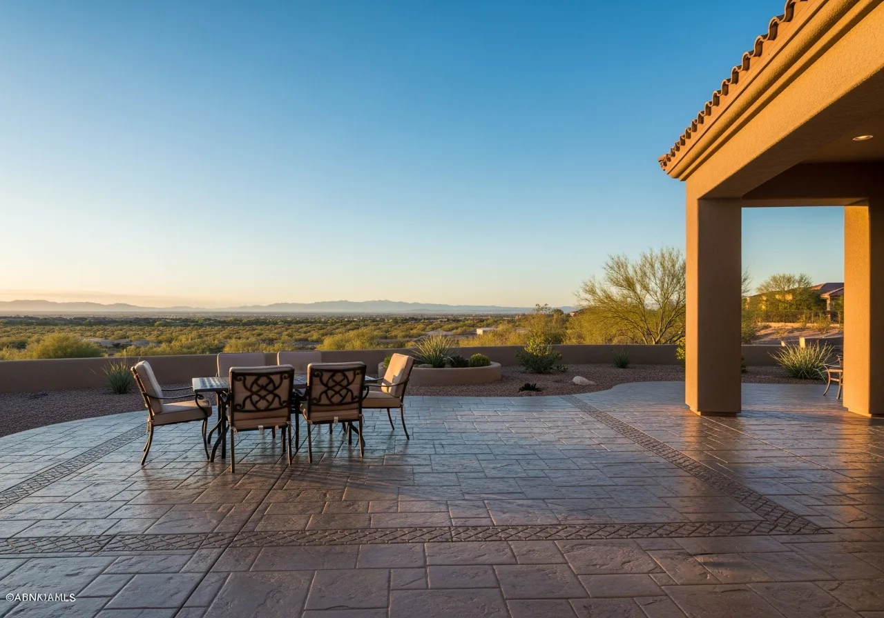 Spacious stamped concrete patio with outdoor dining set overlooking a scenic desert valley at sunset.