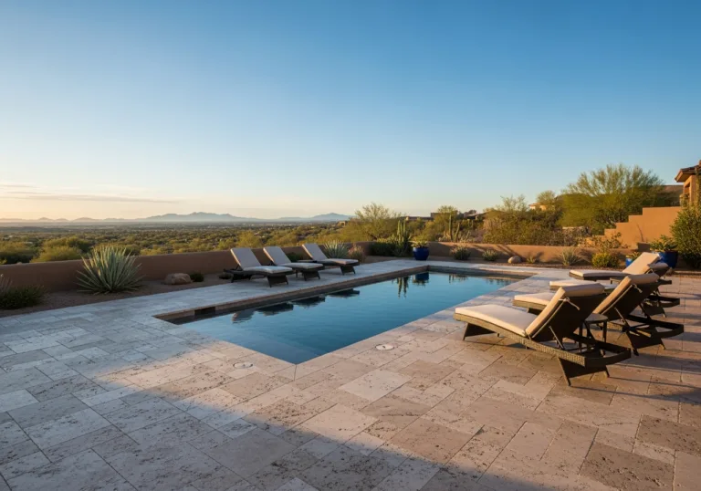 Rectangular swimming pool with travertine deck and lounge chairs overlooking a desert mountain landscape.