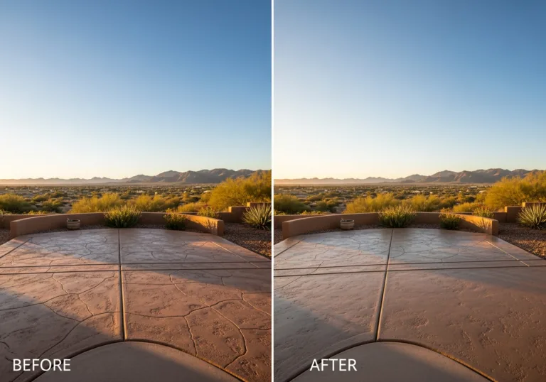 Comparison of a cracked stamped concrete patio before and after a smooth resurfacing repair with mountain views.