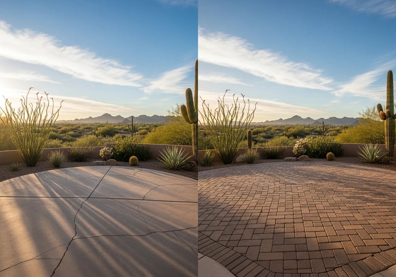 Before and after view of a desert patio showing cracked concrete replaced with new herringbone brick pavers.