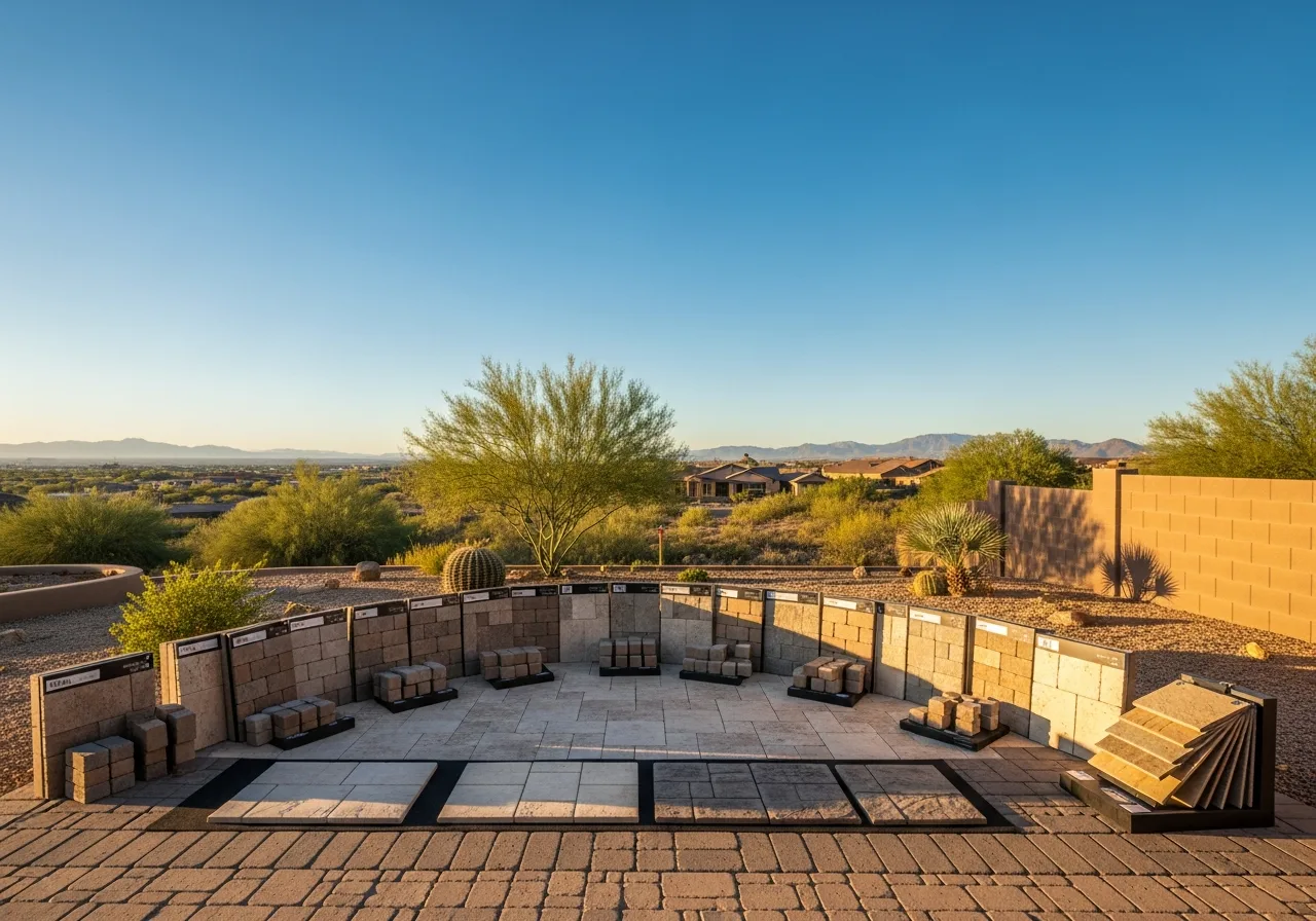 Outdoor showroom featuring a semi-circle of paving stone samples and wall blocks with a desert mountain view.