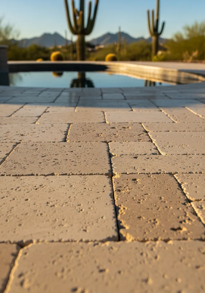 Textured tan travertine stone pavers on a pool patio with desert cacti and mountains in the distance.