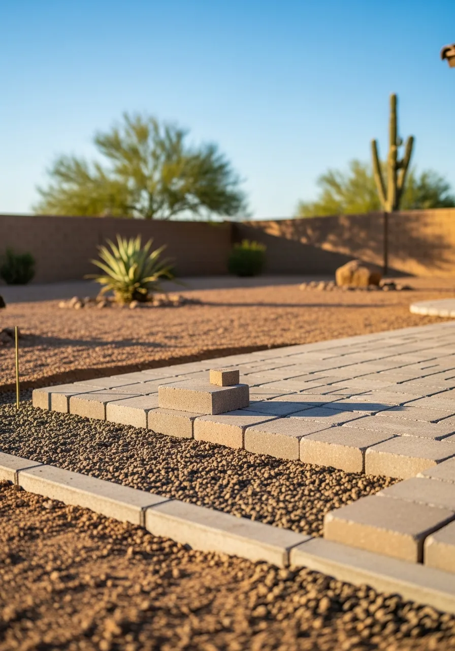 Close-up of tan interlocking stone pavers being laid on a prepared gravel base in a desert backyard.