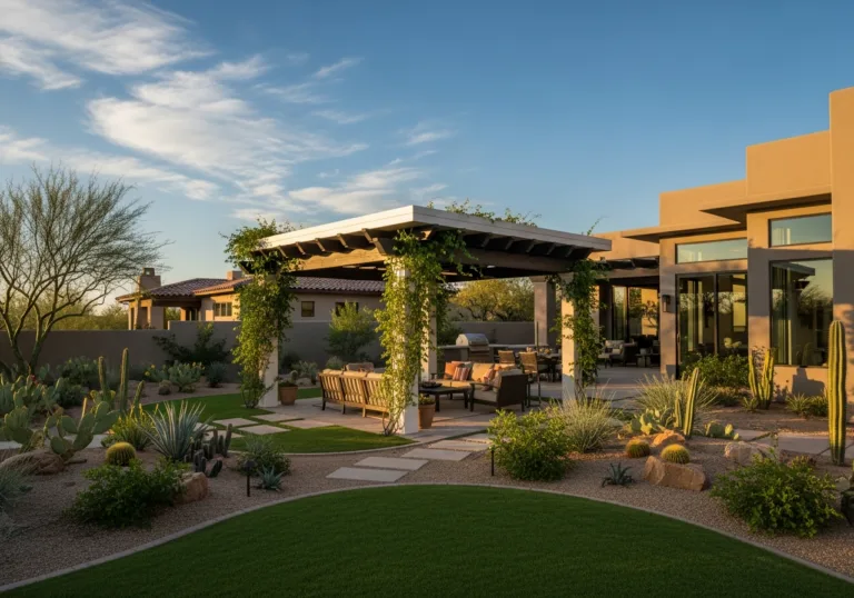 Modern pergola with climbing vines over an outdoor lounge area featuring desert landscaping and cacti.