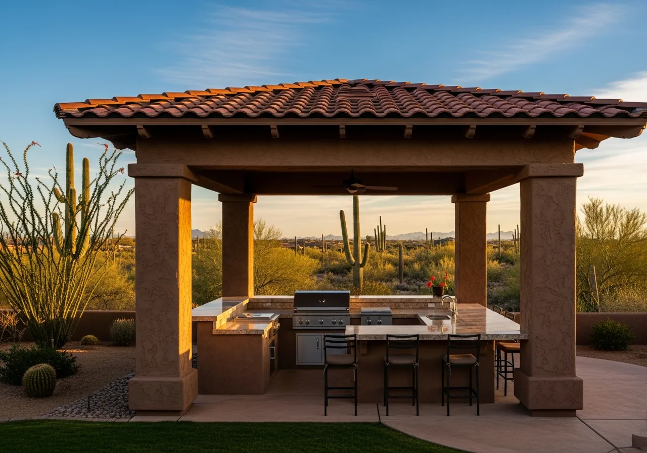 Custom outdoor kitchen with granite counters and built-in grill under a tiled gazebo in a desert landscape.