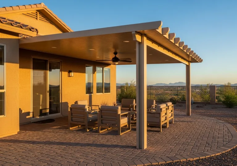 A modern tan patio cover with a ceiling fan and lighting over a brick-paved seating area in a desert backyard.