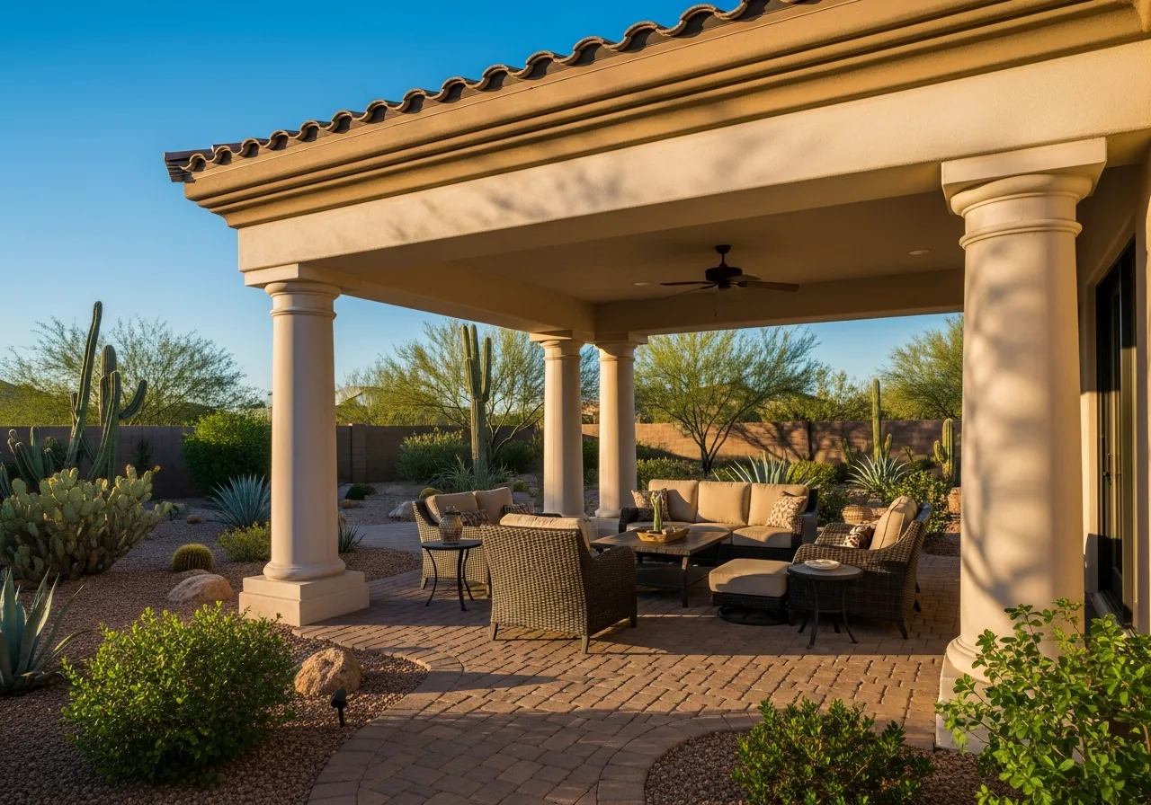Covered luxury patio with stone pavers, Tuscan columns, and wicker furniture overlooking a desert landscape with cacti.