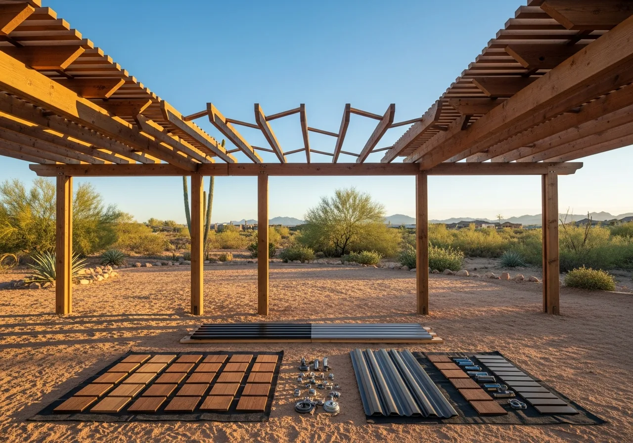 A wooden pergola frame standing in a desert landscape with construction materials organized neatly on the ground.