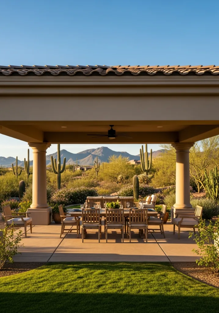 Covered luxury patio with wooden dining table and chairs overlooking a desert landscape with cacti and mountains.
