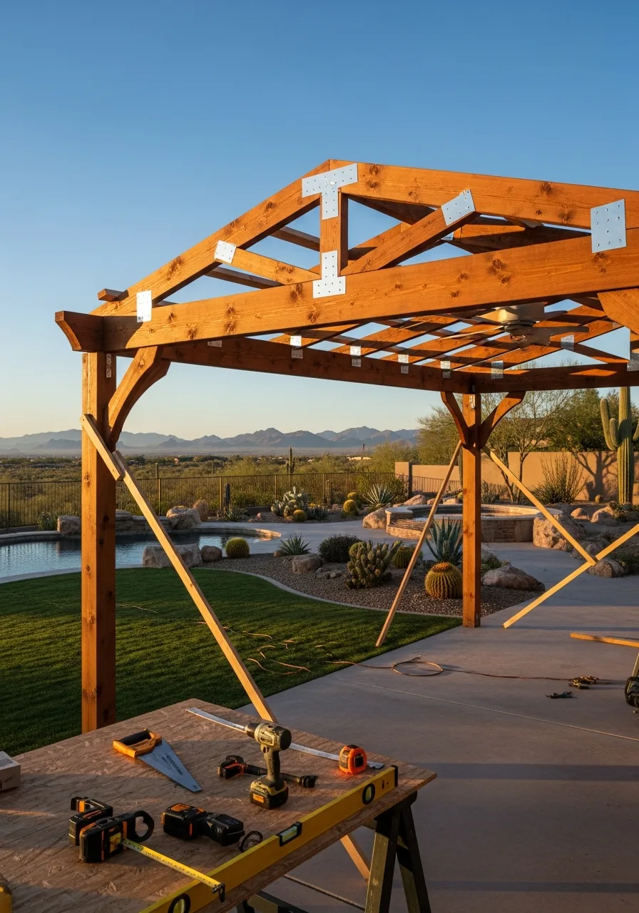 A sturdy wooden pavilion frame under construction with carpentry tools on a workbench in a desert backyard with a pool.