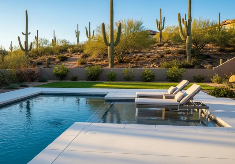 Modern geometric swimming pool with a sun shelf and lounge chairs overlooking a Saguaro cactus desert landscape.
