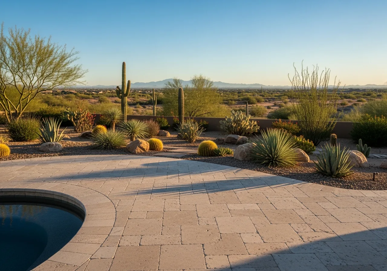 Stone paver patio with pool edge overlooking a professionally landscaped desert garden with saguaro cacti.