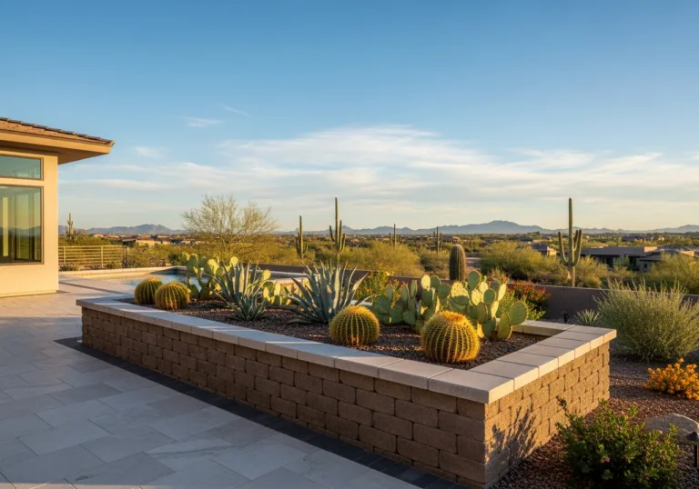 Stone retaining wall planter with barrel cacti and agave on a modern patio overlooking the Arizona desert and mountains.