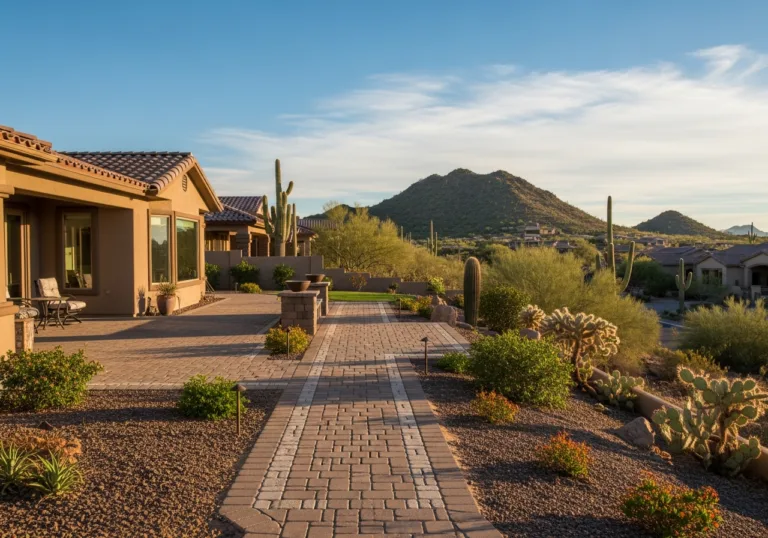 Expansive paver patio and stone walkway in a desert landscape with saguaro cacti and distant mountain views.