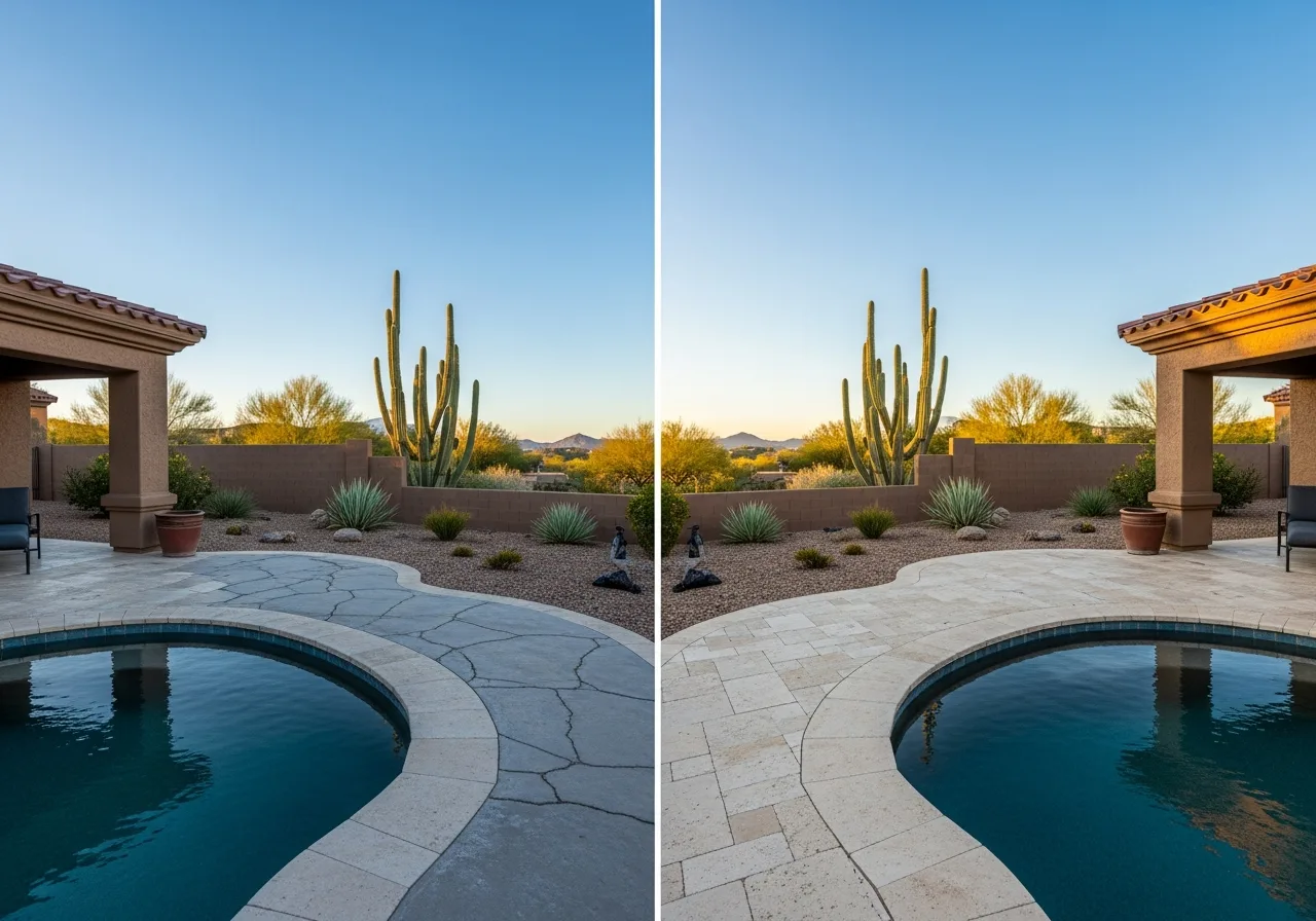 Side-by-side comparison showing a cracked concrete pool deck transformed into a luxury travertine paver patio.