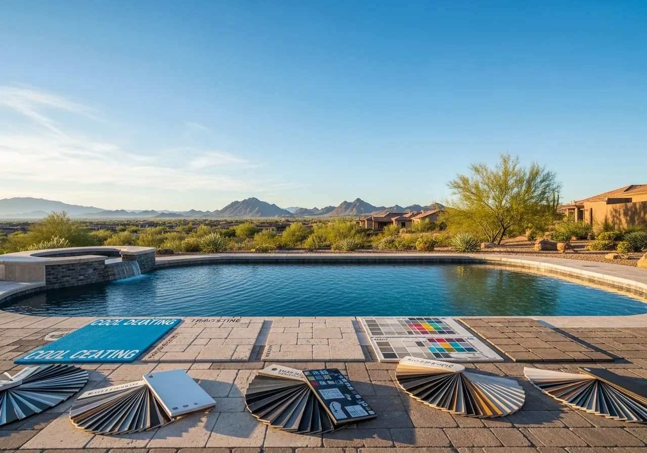 Stone paver samples, cool coating swatches, and material fans arranged poolside with a desert mountain view.