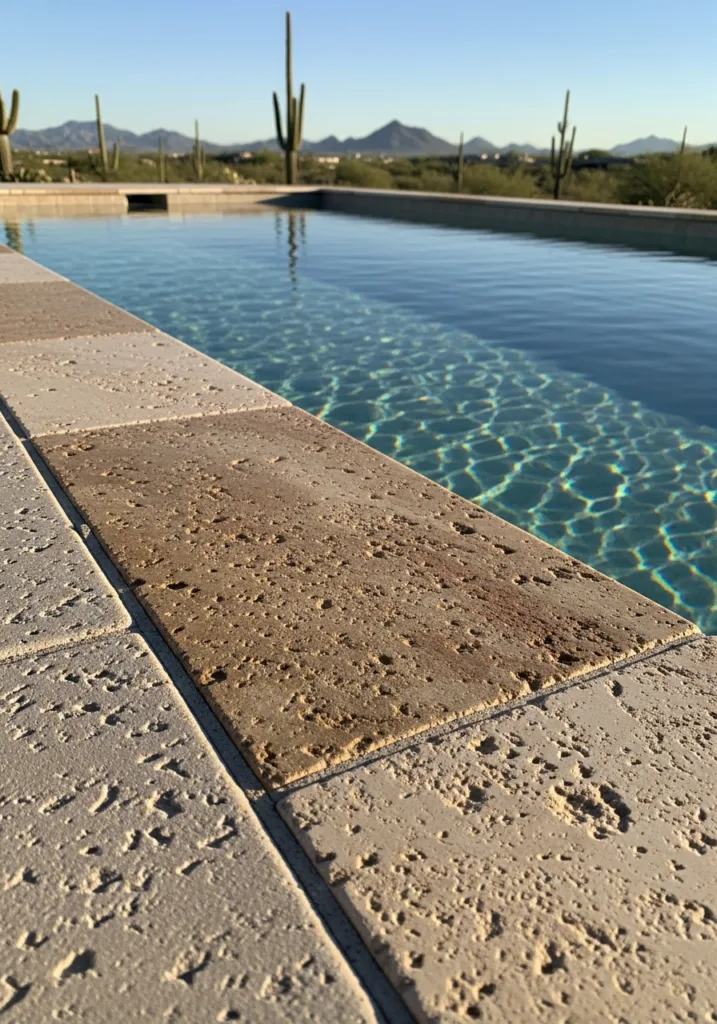 Close-up of porous travertine pool coping with a clear blue swimming pool and desert mountain landscape.