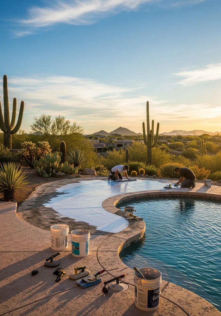 Two contractors apply white protective coating to a residential pool deck surrounded by saguaro cacti at sunset.