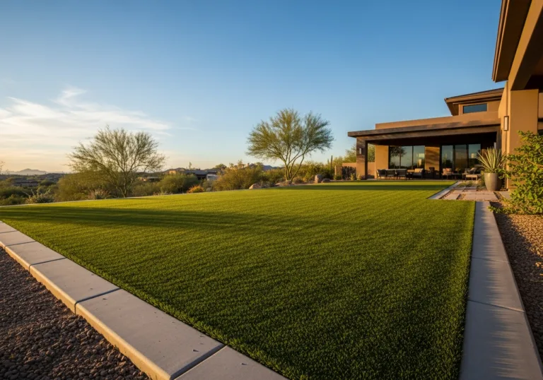 Modern desert backyard featuring a lush artificial turf lawn, concrete borders, and desert trees at sunset.