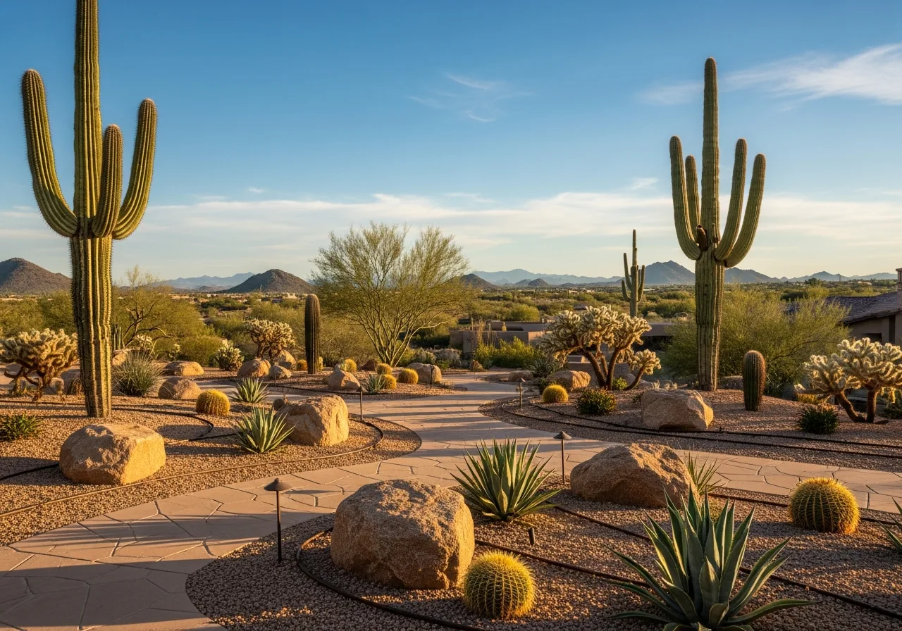 Saguaro cacti and agave plants alongside a stone walkway in a professional Arizona xeriscaped backyard.