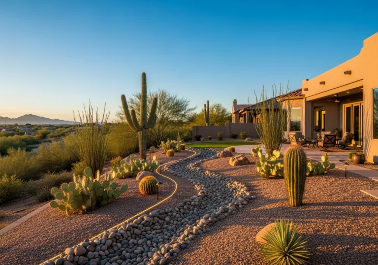 Xeriscape backyard featuring Saguaro cacti, a rock riverbed, and integrated outdoor lighting near a luxury home patio.