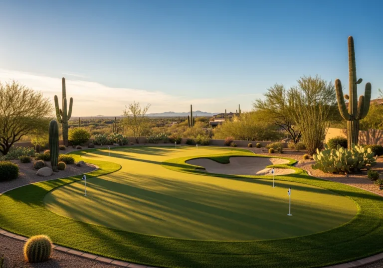 Professional backyard artificial turf putting green with a sand trap and Saguaro cacti under a clear desert sky.
