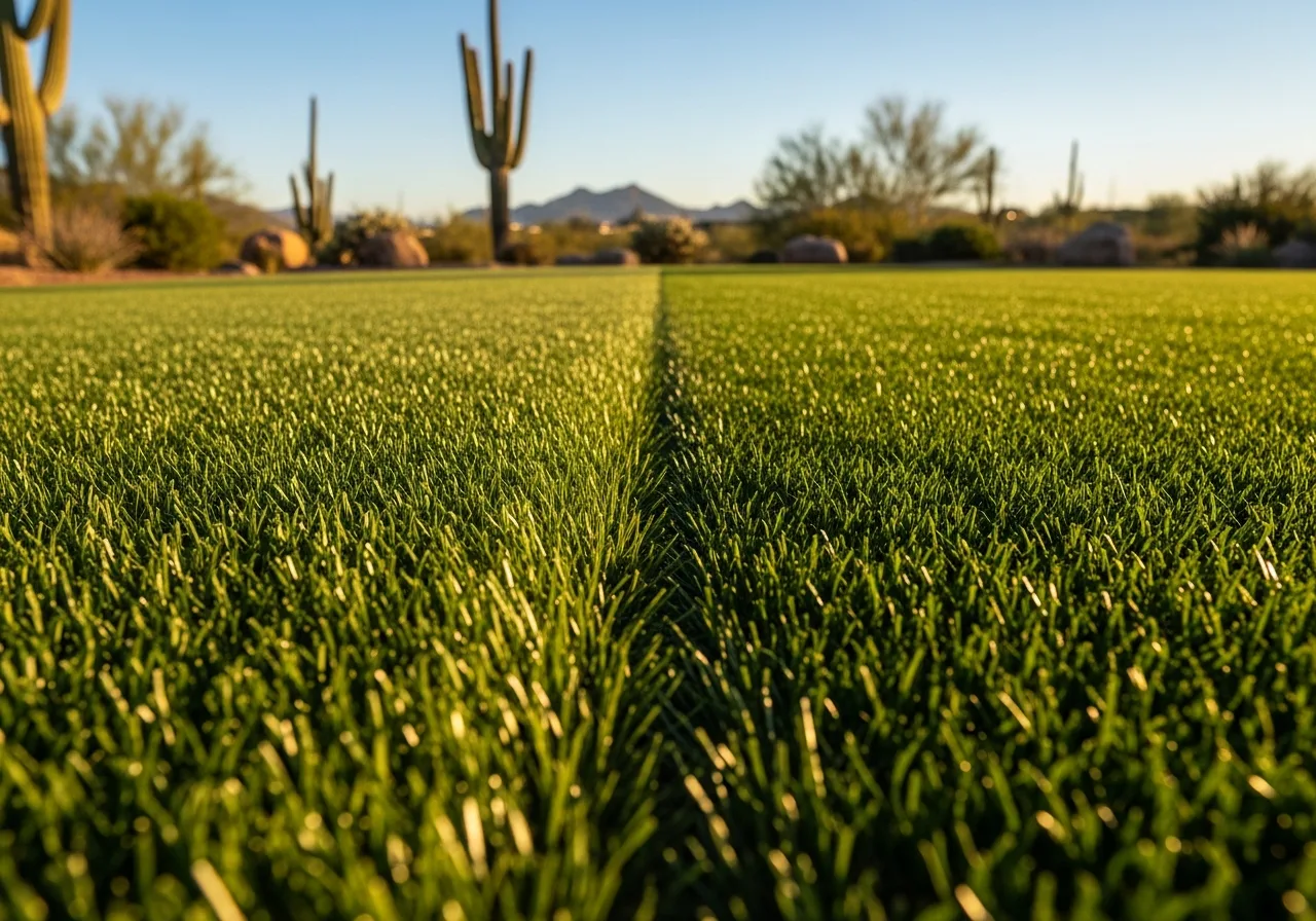 Close-up of green synthetic grass lawn with desert landscaping and saguaro cacti in the background.