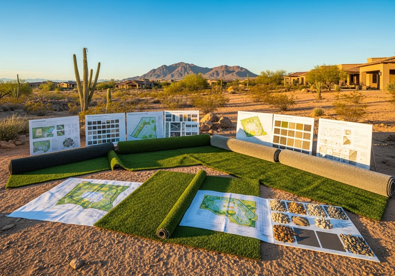 Architectural blueprints, rock samples, and rolls of artificial turf for a professional desert landscaping project.
