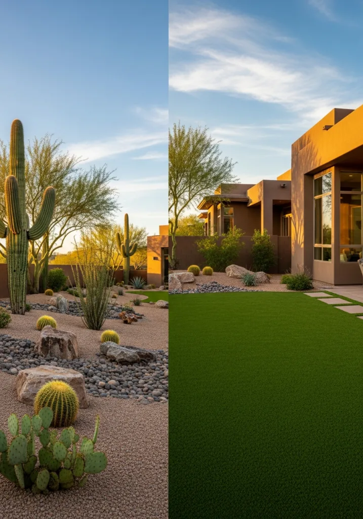 A desert backyard featuring saguaro cacti, golden barrel cacti, decorative river rocks, and green synthetic turf.