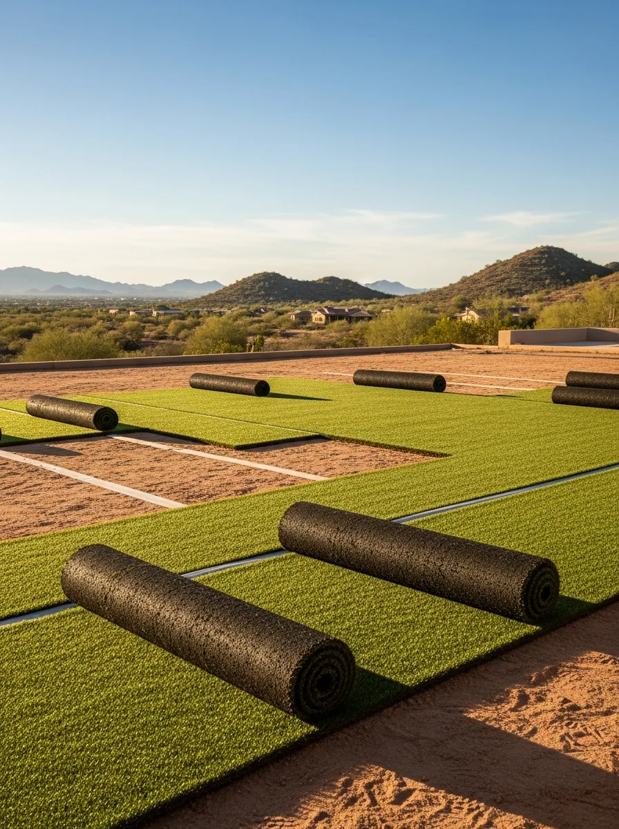 Vibrant green artificial turf rolls laid out on a prepared sand base during a desert landscaping project.